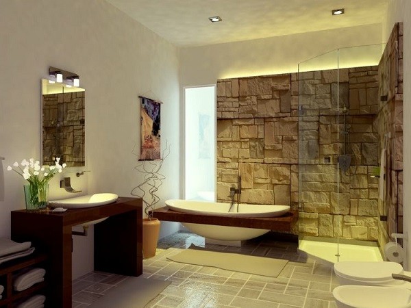 pared moderna piedra baño bañera
