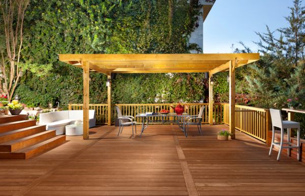 patio pérgola terraza moderna madera sillas