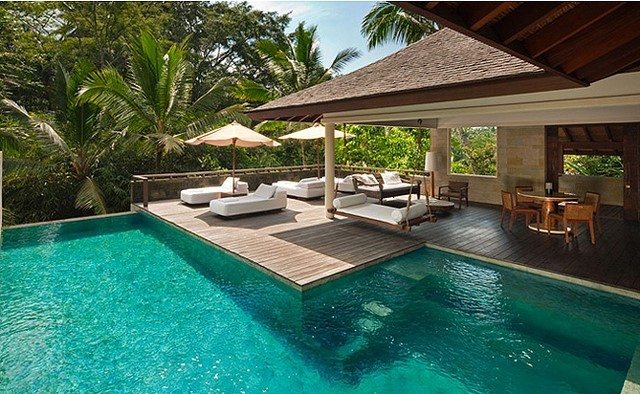 piscina grande amplia trasero palmeras jardin