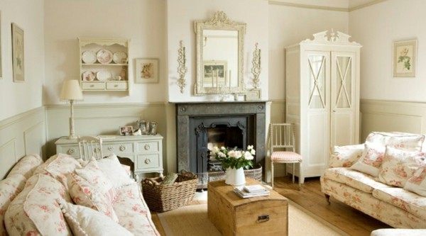 salón beige shabby chic chimenea
