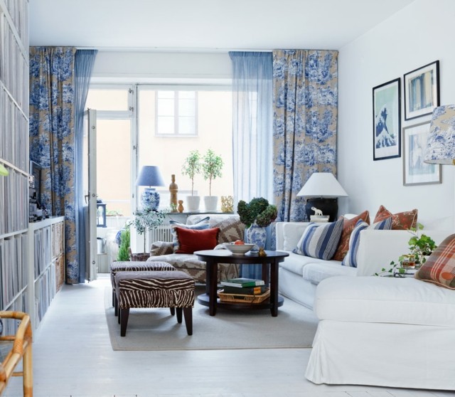 salon cortinas diseño azul motivos bonitos taburetes zebra