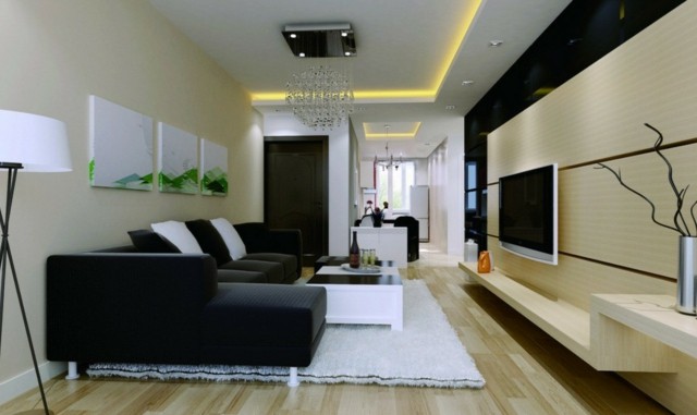 salón moderno largo muebles negro diseño comodo
