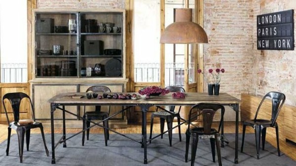 salón bohemio pared ladrillos mesa