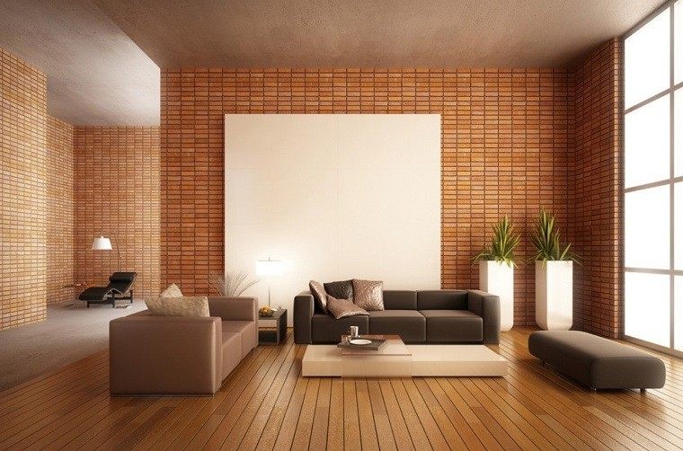 salón minimalista pared ladrillos