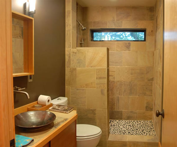 simple decoracion baño estrecho piedras rustico