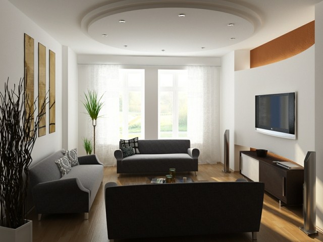 techo niveles diseño muebles negros salon descanso