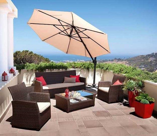 sala retiro en terraza con macetas terraza mobiliario moderno sombrilla macetas flores