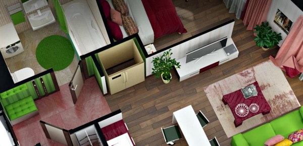 trozo plano rojo verde muebles