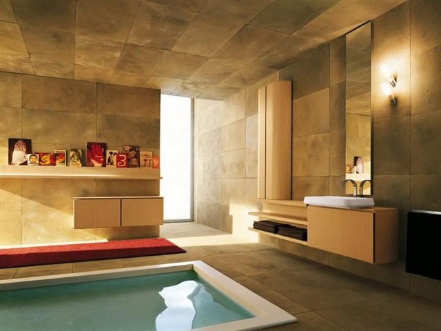 amplio calido baño cuadros lamparas pared