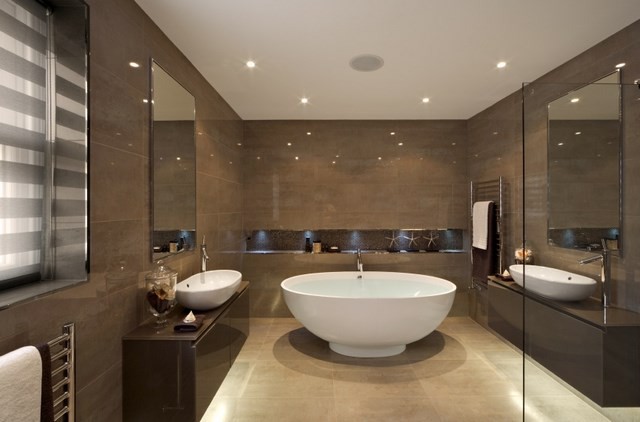 bañera blanca circular marron moderna ducha