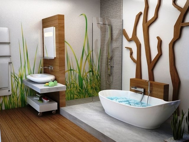 bañera espejo madera plantas lavabo bañera