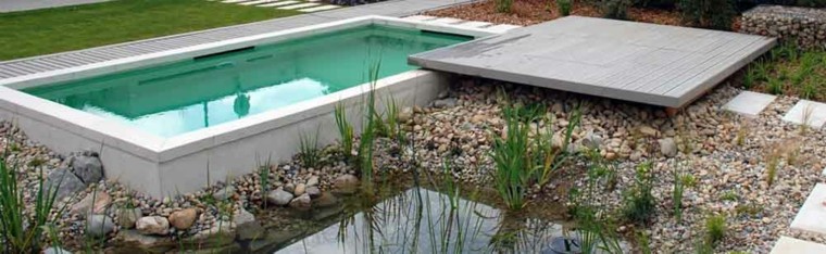 bio piscina plataforma madera piedras
