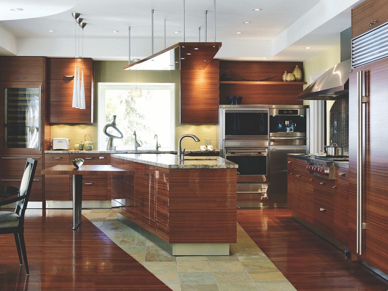 cocina isla pared armarios madera ideas moderna