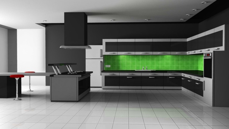 cocina moderna verde luces minimalista