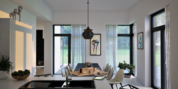 salón comedor con mesa larga comedor salón cortinas blancas sillas