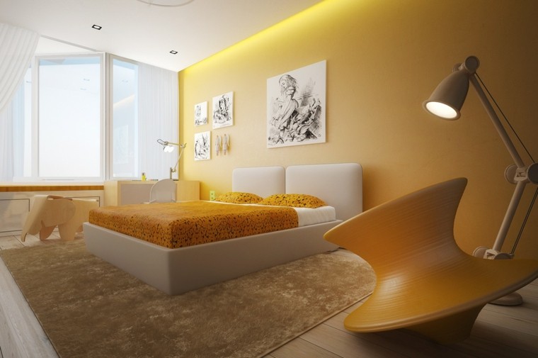 cuarto amarillo muy moderno cama