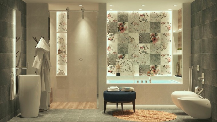 cuarto de baño de diseño floral azulejo mueble