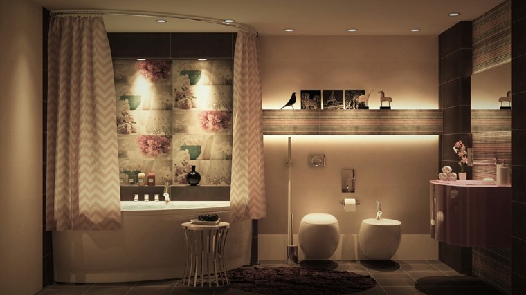 cuarto de baño de diseño floral cortinas luces