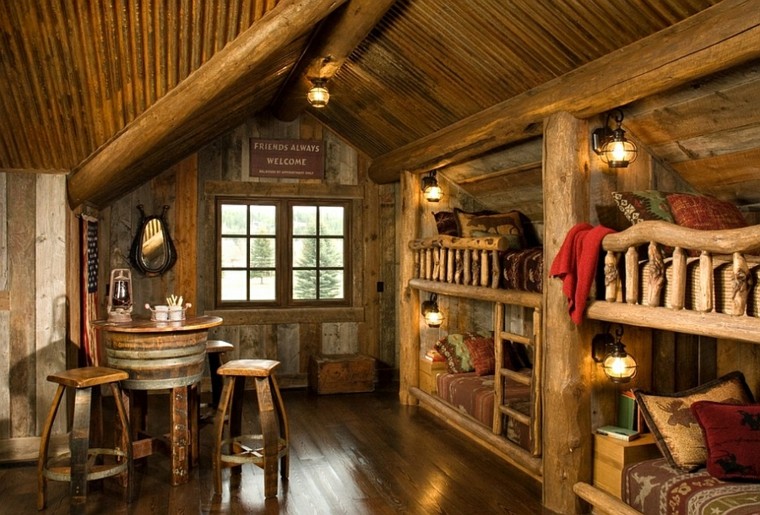 cabaña de madera de estilo rústico cuatro literas cabaña madera rústica