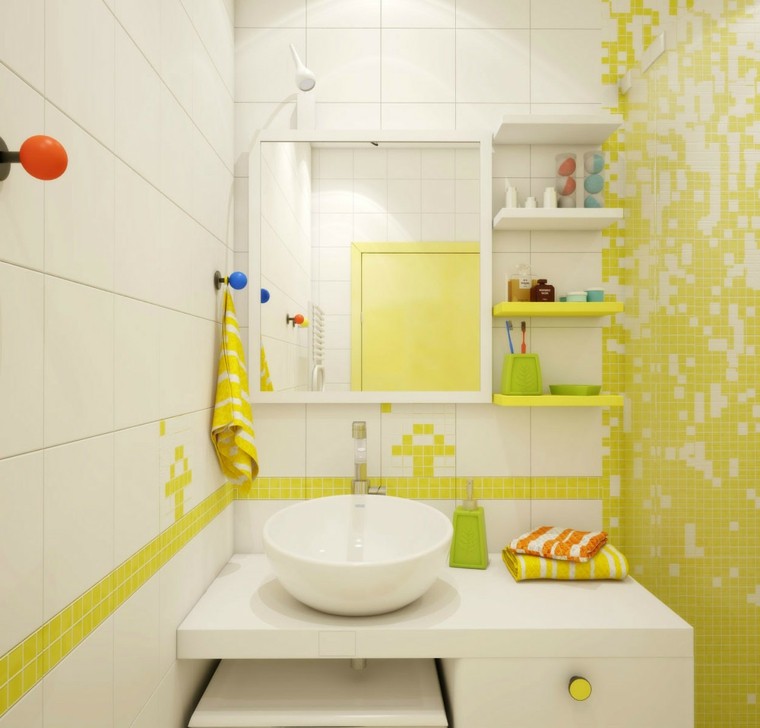 decoracion baños pequeños colorido blanco amarillo 