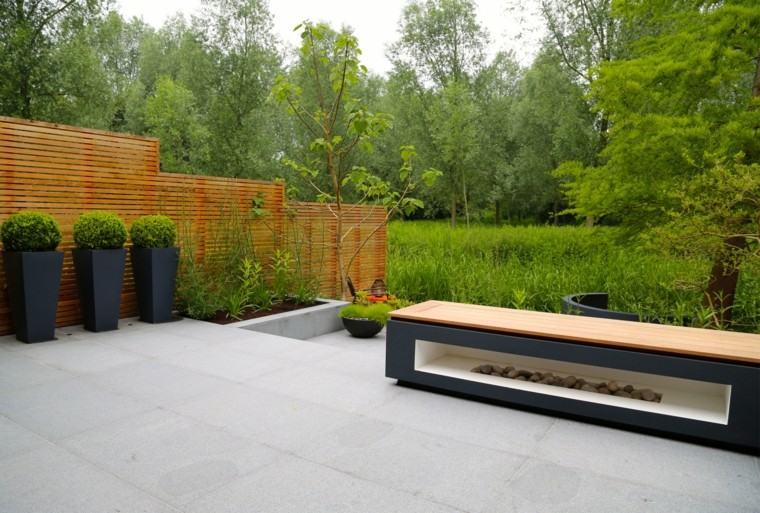 Suelo de hormigón y macetas grandes de color negro diseno de jardines modernos Rosemary Coldstream hormigon macetas negras ideas