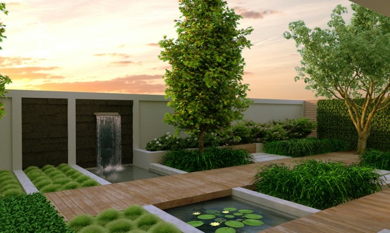 valla de hormigón con caida de agua y caminos de madera diseno de jardines modernos caminos madeara caida agua pared ideas