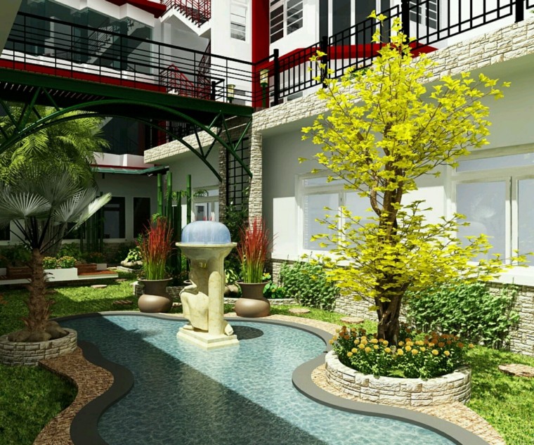 piscina llana con fuente en medio diseño de jardines modernos piscinafo forma interesante ideas