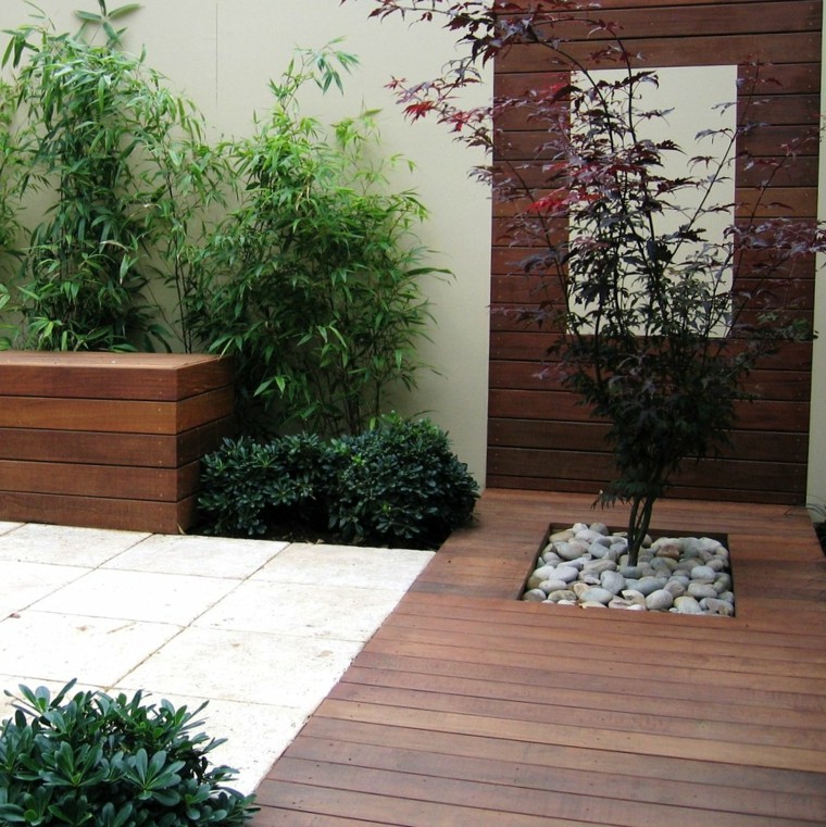 suelo de madera y árbol muy interesante diseñode jardines modernos suelo madera baldos pulidos grises ideas