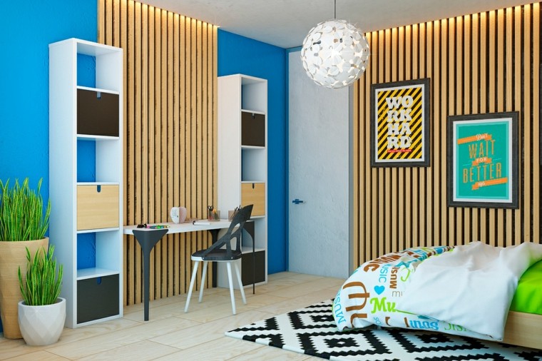 diseño con madera salon cuadros escritorio listones