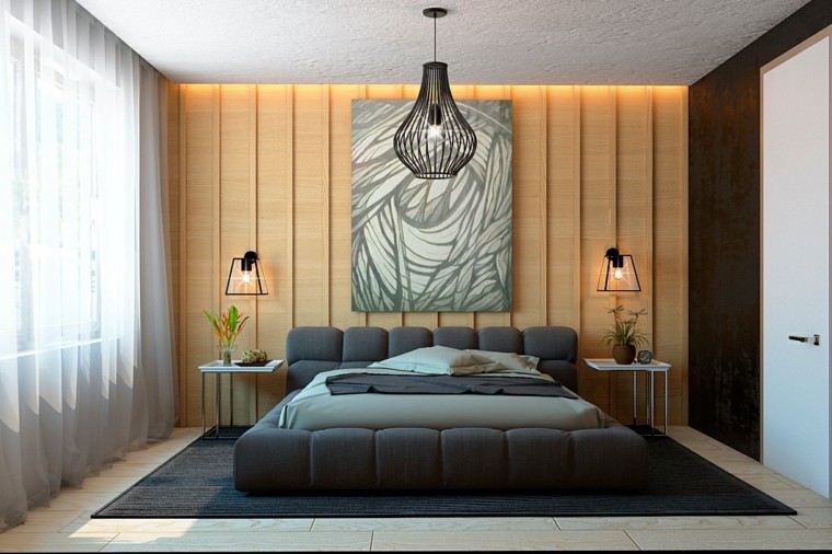 diseño con madera salon lampara cortinas cuadro