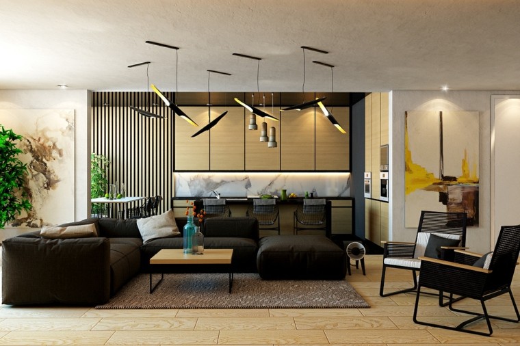 diseño con madera salon plantas muebles sofa