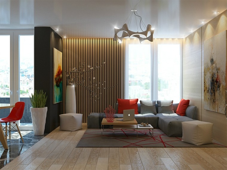 diseño con madera salon sillas roja listones