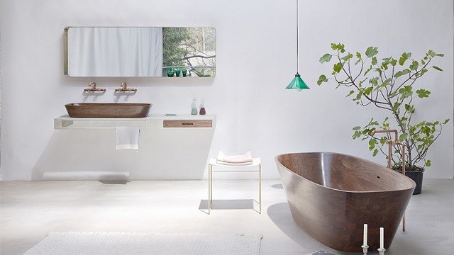diseño madera bañera plantas sostenible natural