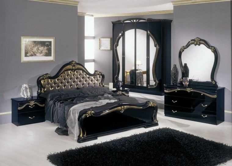 dormitorio cama negra oro cabecero