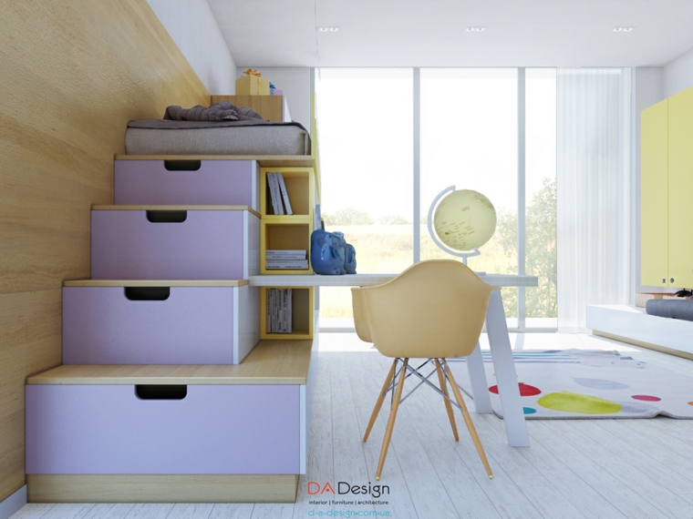 estanterias cajas escaleras lila silla