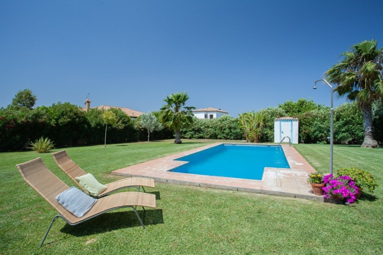 flores patio tumbona arboles piscina cojines