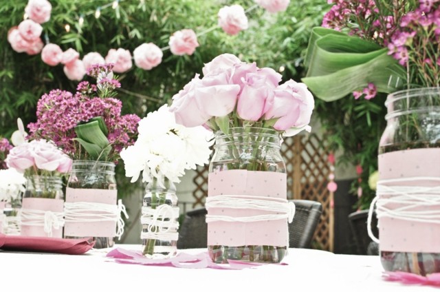 ideas recipiente cristal decorado rosa lazos blanco bonito