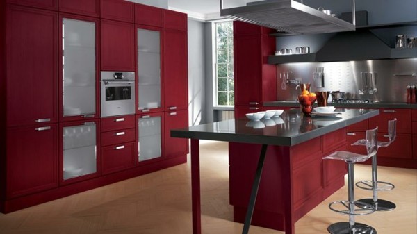 isla cocina roja encimera negra