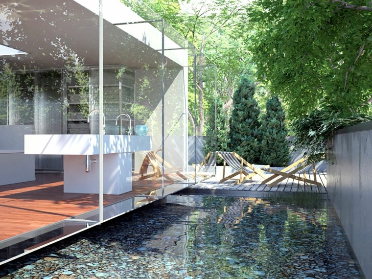 jardin moderno tumbonas paisaje acuatico ideas originales arboles