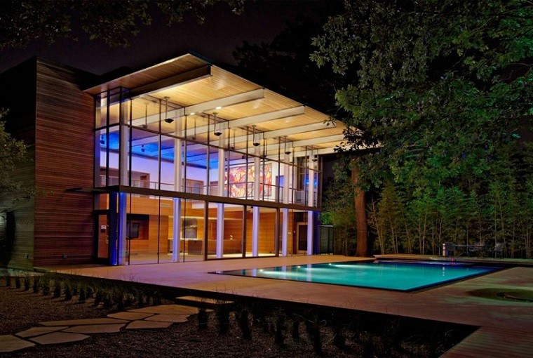 piscina moderna jardin noche