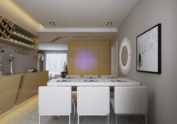 cocina con comedor futurista luz lila sillas blancas mesa
