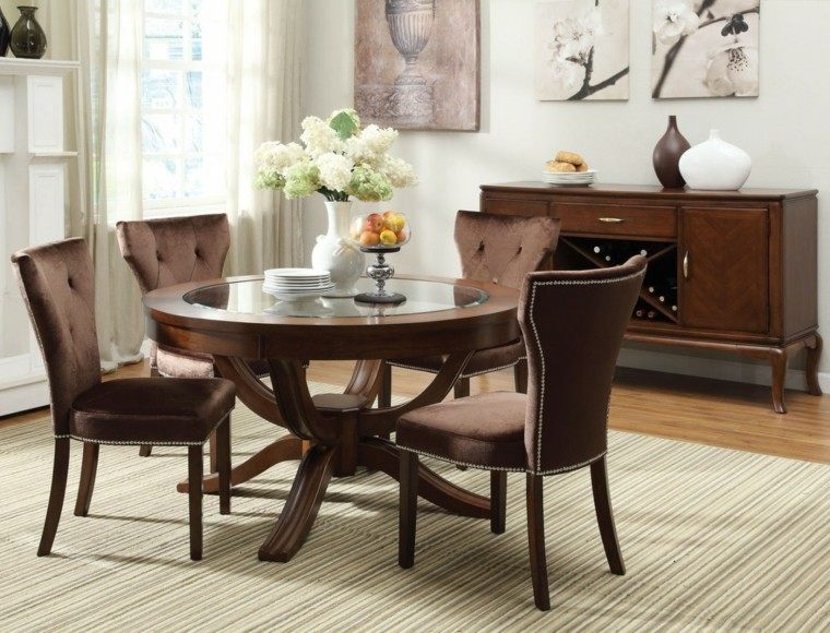 mesa redonda madera cristal sillas terciopelo