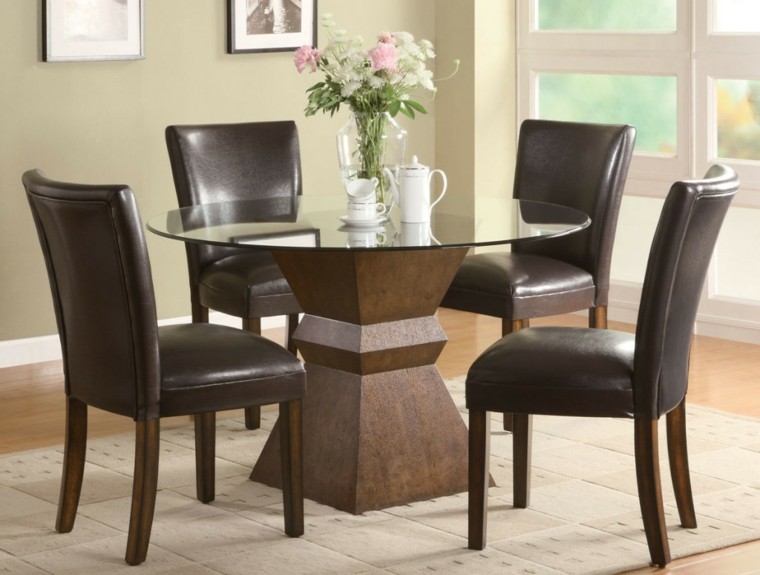 mesas de comedor cristal redonda sillas tapizadas cuero moderna 
