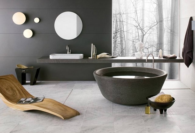 moderno bañera madera espejos jardin