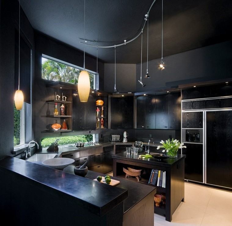 negro cocina luces muebles moderno