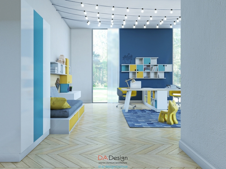 pared azul perrito amarillo alfombra