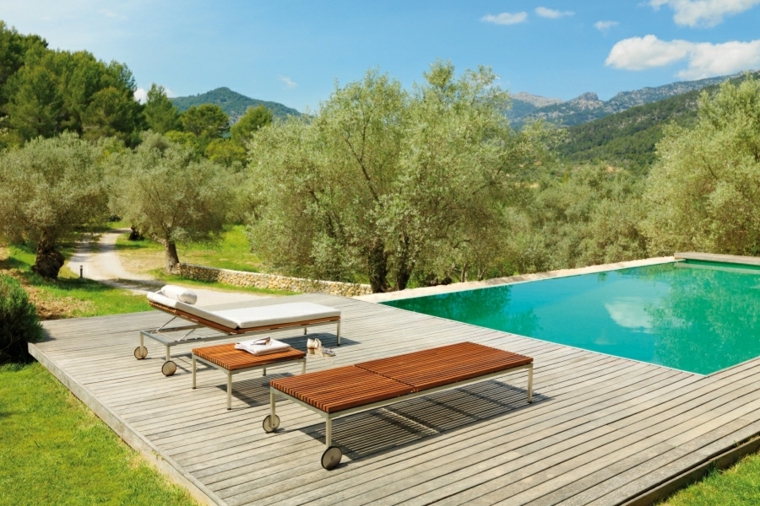 patio madera cojines ajustable piscina teca