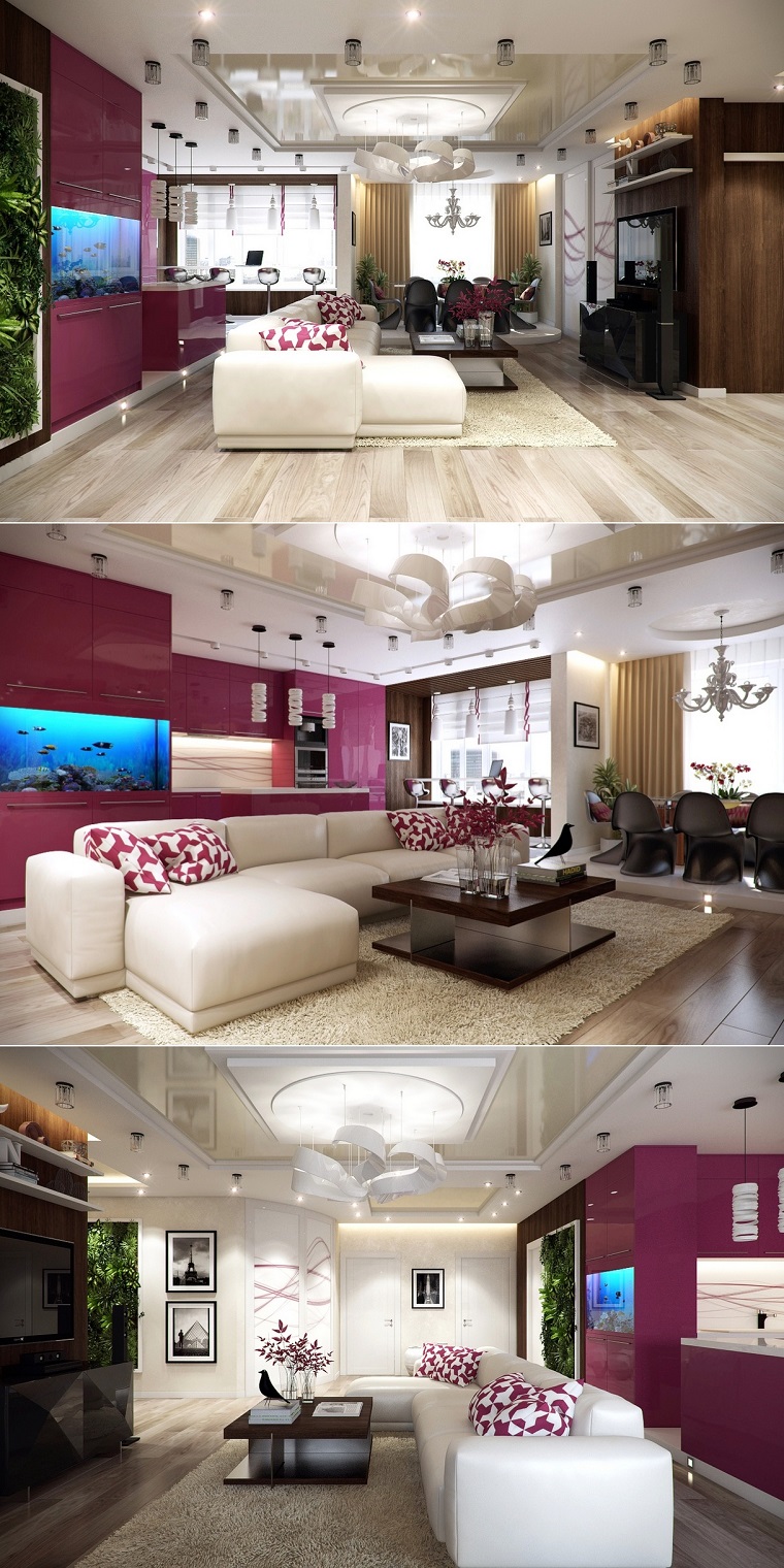 sala estar amplia purpura cojines diseño lampara interesante diseño 