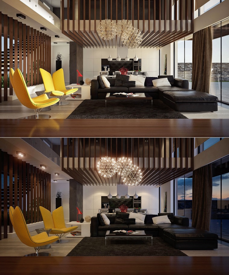 sala estar sillas modernas amarillo vibrante sofa cuero diseño negro