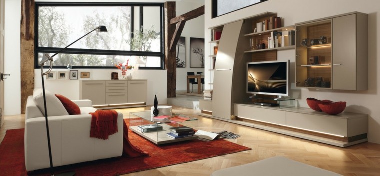 salon moderno muebles blancos alfombra roja ideas 